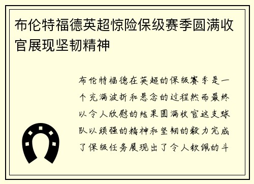 布伦特福德英超惊险保级赛季圆满收官展现坚韧精神